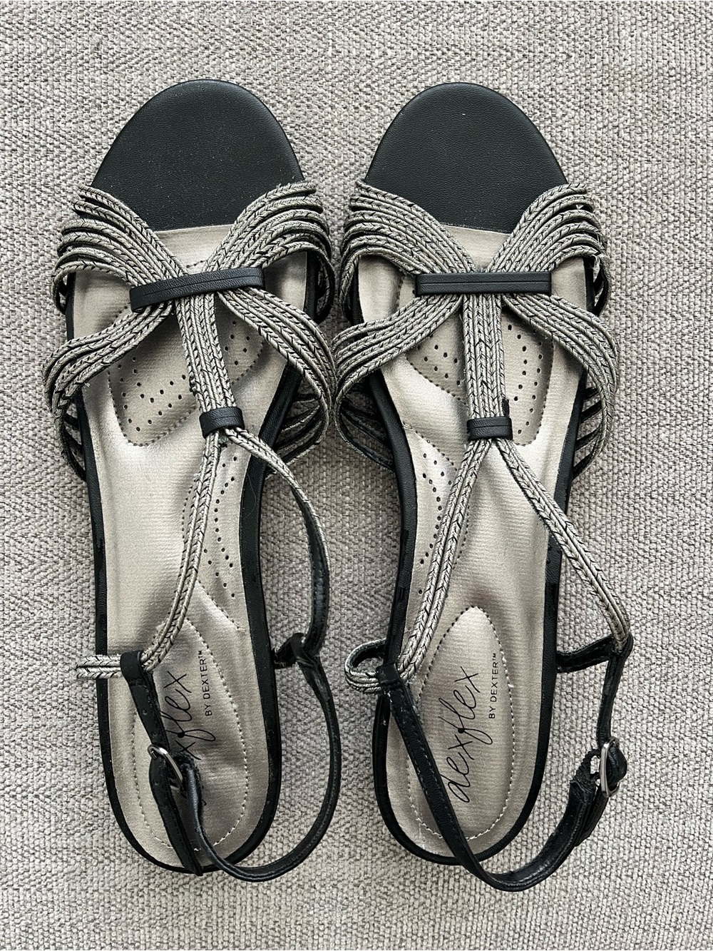 Dexflex Braided T-Strap Sandals in Metallic Silver and Black